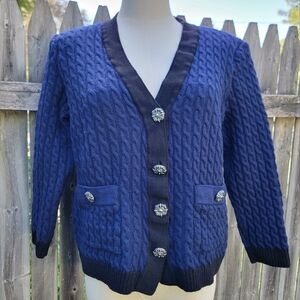 St. John Collection 100% Wool Large Navy Blue Cable Knit Cardigan Black Trim
